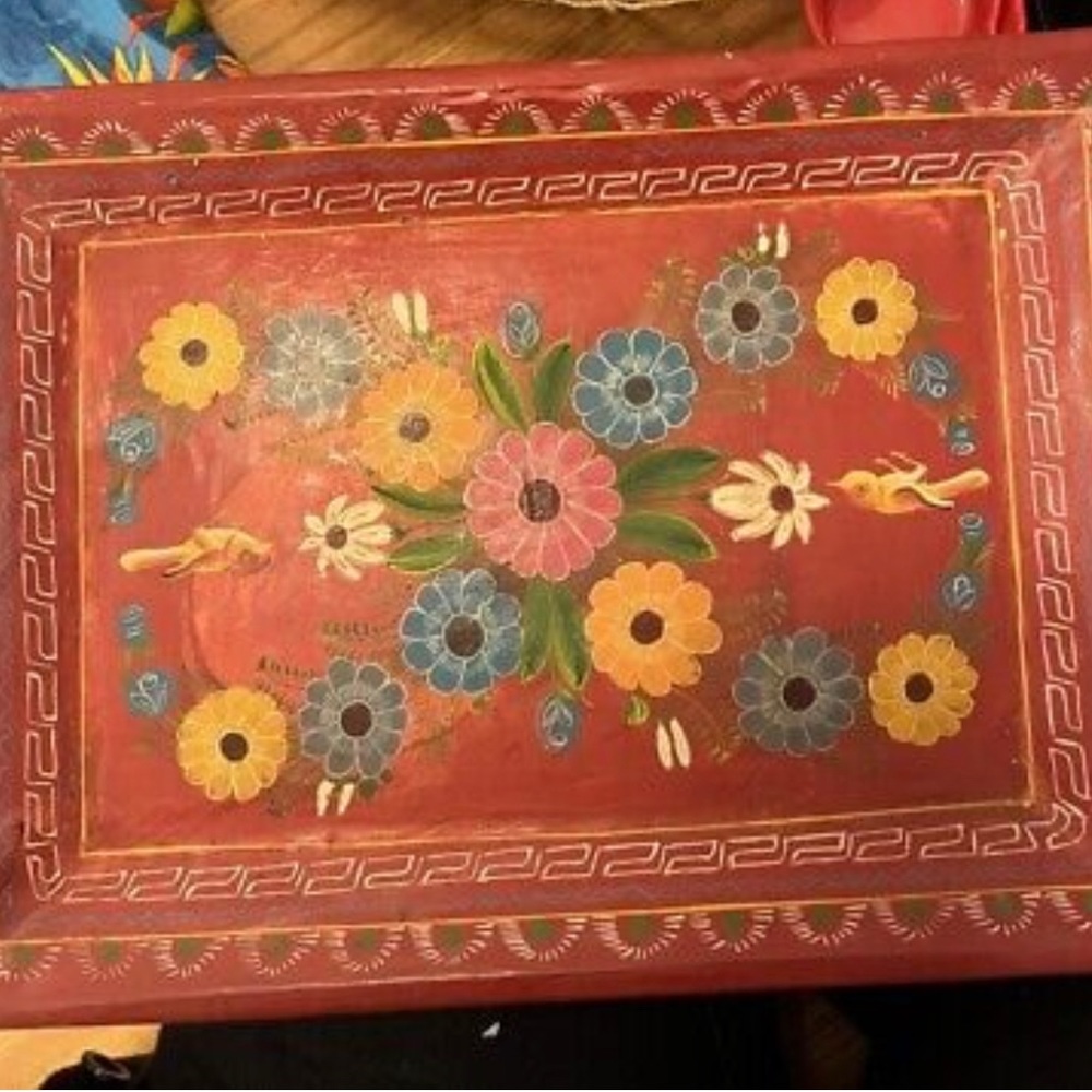 Vintage Mexico Olinala Folk Art Hand Painted Lacquer Wood Tray 20 5/8" x 14"
